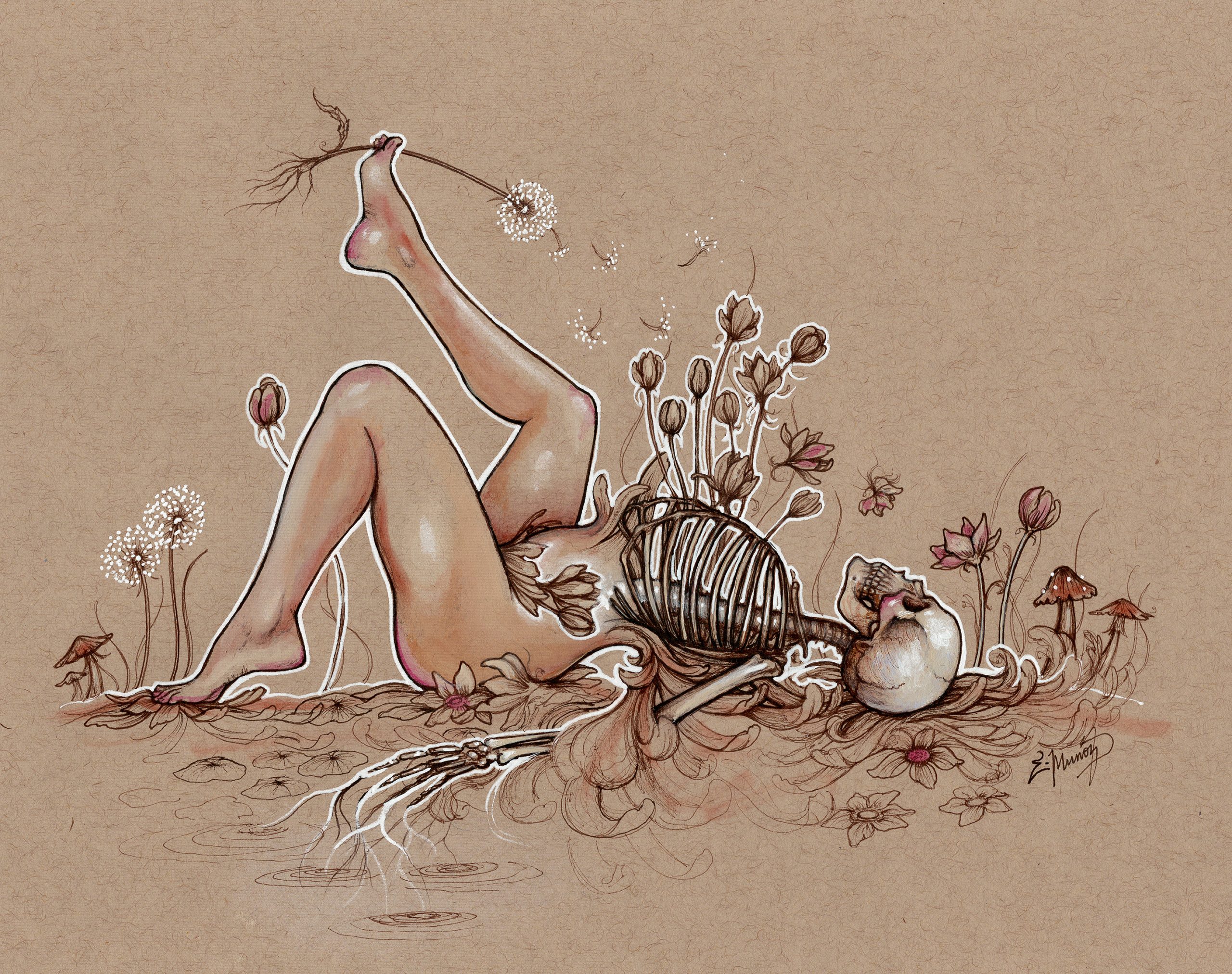 Hand drawn illustration of a woman laying on her back with exposed ribcage and flowers